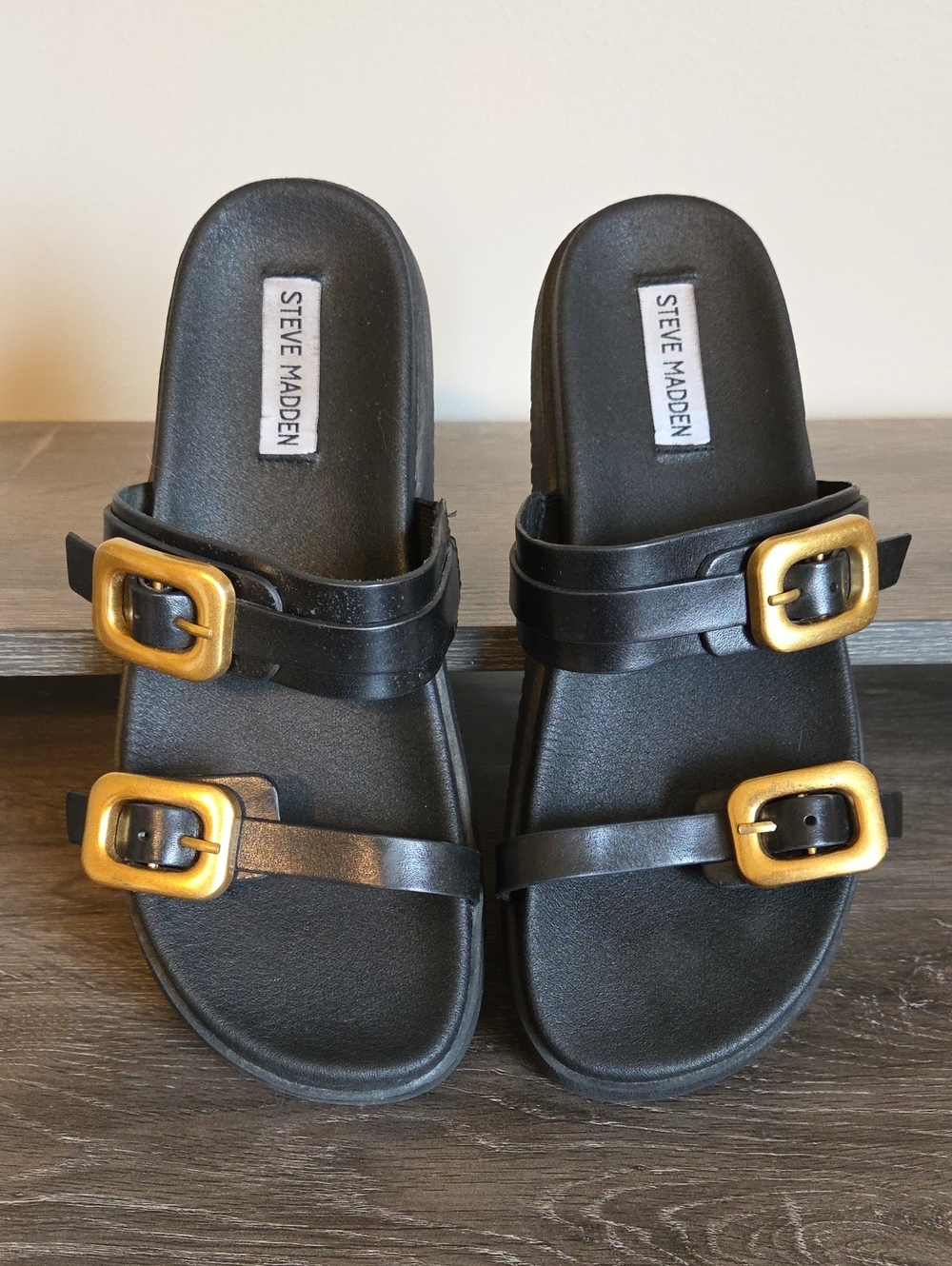 Steve Madden Margey Black Slide Sandals with Gold Buckles